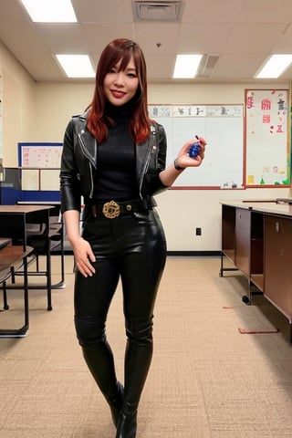 Kairi Sane is a japanese teacher teaching her class at a university, she is wearing a formal attire with jeans and a cropped leather jacket, long heel boots, black lips, fashion belt,kairisane