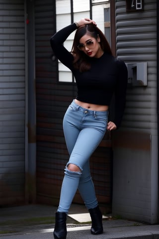 21 years old, beautiful detailed eyes, sexy supermodel detailed makeup, dark lips, kairi sane hairstyle, black eyeshadows, flirty look, tight jeans, denim jacket, Cardi B