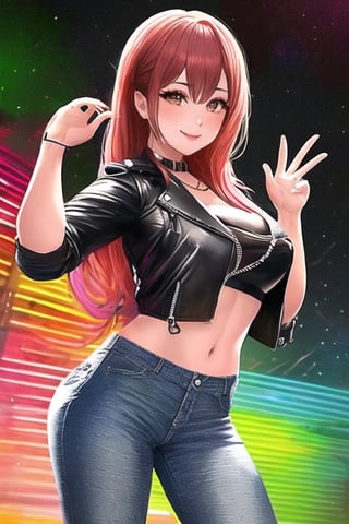 Bad and rebel girl having a good time in a party and posing so flirty, slim body, she is wearing a rebel and bad girl outfit with tight jeans and a cropped jacket to her waist,girl,kairisane