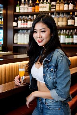 sexy asian girl having a good time in a bar, beautiful detailed eyes, tight jeans, tight cropped small denim jacket, sexy girl make-up, dark lips, realistic, punk girl hair color,girl