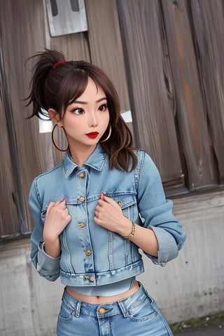 slim girl, beautiful detailed eyes, tight jeans, cropped denim jacket, kairi sane hairstyle, kairi sane face, red lips,1girl folded ponytail, hoop earrings,kairisane