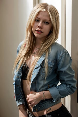 Avril Lavigne is a sexy model wearing jeans and denim jacket, hot red lips