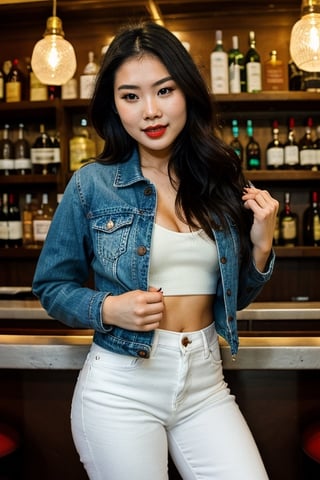 sexy asian girl having a good time in a bar, beautiful detailed eyes, tight jeans, tight cropped small denim jacket, sexy girl make-up, dark lips, realistic, punk girl hair color,girl