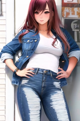 Anime hot girl with long hair wearing a denim jacket and jeans,kairisane