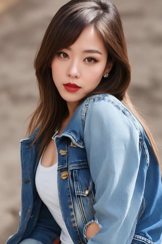 beautiful detailed eyes, tight jeans, cropped denim jacket, kairi sane hairstyle, red lips