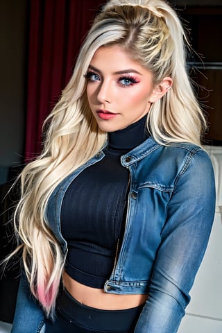 beautiful detailed eyes, tight jeans, tight cropped denim jacket, alexa bliss make-up, red lips, posing very sexy and flirting during a model photoshoot, realistic,alexabliss
