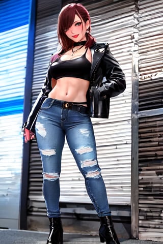 Bad and rebel girl having a good time in a party and posing so flirty, slim body, she is wearing a rebel and bad girl outfit with tight jeans and a cropped jacket to her waist,girl,kairisane