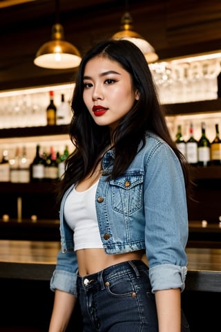 arrogant and rebel asian girl having a good time in a bar, beautiful detailed eyes, tight jeans, tight cropped small denim jacket, sexy girl make-up, dark lips, realistic, punk girl hair color,girl