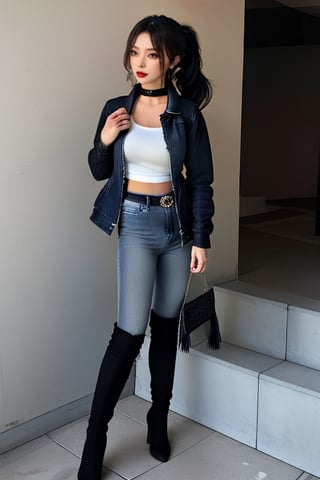 Japanese onlyfans model woman, 40 years old, dark lips, onlyfans model girl hairstyle with ponytail and fringe, typical fashion model woman outfit, hoop earrings, tight denim jacket, punk girl makeup, full body shot, slim girl, sexy body, long nails,sexy jeans,Sexy Pose,blackbootsnjeans