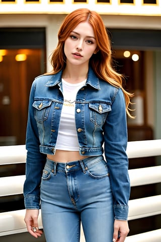 beautiful detailed eyes, tight jeans, tight cropped denim jacket, becky lynch make-up, posing very sexy and flirting during a model photoshoot, realistic,beckylynch