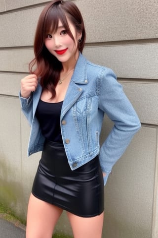 High school teacher japanese girl, sexy denim jacket, long formal black skirt, formal makeup, formal attire, red lips, cute style, she is wearing glasses, kairi sane haircolor, kairi sane face, formal hairstyle,kairisane