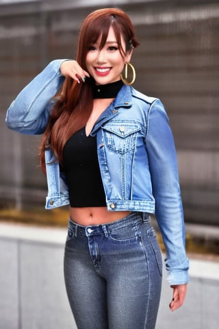 Kairi Sane is a high school girl flirting with long hair, smiling flirty, hoop earrings, slim body, she is wearing tight jeans and levi's denim jacket,kairisane