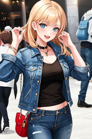 Bad and rebel girl having a good time in a party, she is wearing a rebel and bad girl outfit with jeans and a denim jacket