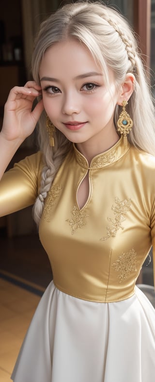Envision a cute little girl, white hair, gold eyes, ((kiss pose)), wear 2 golden star earings, white clothes, cheongsam with golden thread embroidery, steel chestpad, holding face mask with right hand, symetrical, looking up, ((adorable expression)), upper body, hair strand, Fair skin, glistening, 2 side braids, best quality, masterpiece, sharp focus, super detailed, 8k, high angle photo, close up, high contrast, 