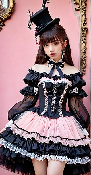 1girl,A girl in baroque Harajuku Lolita fashion, with an emo theme, her dress is richly decorated with colorful lace, pink ruffles,(Periorbital Puffiness), and embroidery.,Velvet ribbons, ornate buttons, and brooches decorate the bodice, and the voluminous skirt. features layers of tulle and lace, accessories include lace gloves, a cameo choker, and a mini top hat with feathers.,Ground Mine Girl,enakorin