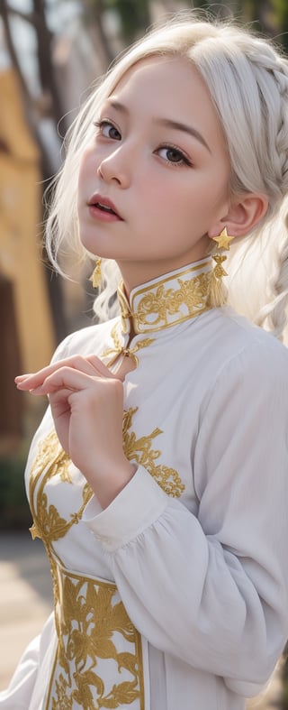 Envision a cute little girl, white hair, gold eyes, ((kiss pose)), wear 2 golden star earings, white clothes, cheongsam with golden thread embroidery, steel chestpad, holding face mask with right hand, symetrical, looking up, ((adorable expression)), upper body, hair strand, Fair skin, glistening, 2 side braids, best quality, masterpiece, sharp focus, super detailed, 8k, high angle photo, close up, high contrast, 