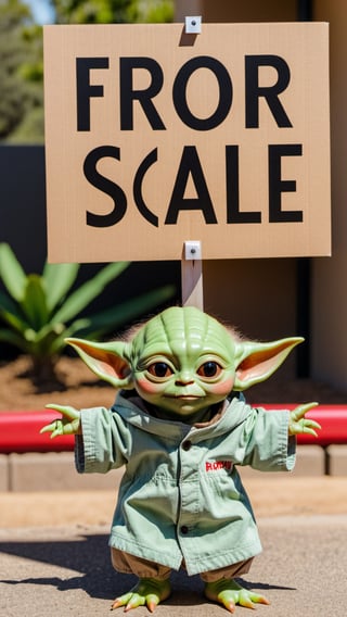 Photo of baby yoda holding a sign that says "for sale"