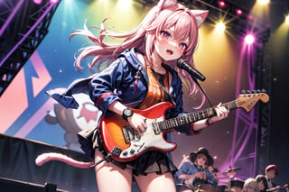 solo,closeup face,cat girl,cat tail,colorful aura,pink hair,long hair,animal head,red tie,blue jacket,colorful short skirt,orange shirt,colorful sneakers,wearing a colorful  watch,singing in front of microphone,play electric guitar,animals background,fireflies,shining point,concert,colorful stage lighting,no people