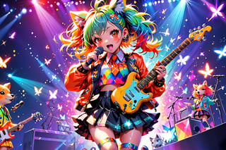 solo,closeup face,animal girl,colorful aura,colorful hair,animal head,red tie,colorful  jacket,colorful short skirt,orange shirt,colorful sneakers,wearing a colorful  watch,singing in front of microphone,play electric guitar,animals background,fireflies,shining point,concert,colorful stage lighting,no people