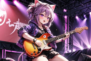 solo,closeup face,cat girl,cat tail,colorful aura,purple hair,long hair,colorful tie,colorful jacket,colorful short skirt,colorful shirt,colorful sneakers,wearing a colorful  watch,singing in front of microphone,play electric guitar,animals background,fireflies,shining point,concert,colorful stage lighting,no people