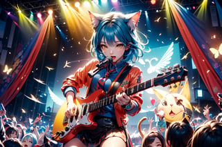 solo,closeup face,cat girl,colorful aura,blue hair,animal head,red tie,colorful  jacket,colorful short skirt,orange shirt,colorful sneakers,wearing a colorful  watch,singing in front of microphone,play electric guitar,animals background,fireflies,shining point,concert,colorful stage lighting,no people
