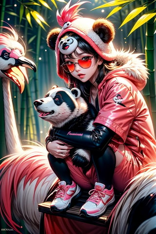 little boy,panda girl,biting bamboo leaves,catch a baby polar bear,flamingo wings,panda hair,hungry pose,wear flamingo  head,panda droopy ears,polar bear hat on top head,flamingo pearl on hat,flamingo sunglasses,flamingo pantyhose,polar bear  jacket,flamingo shirt,rooster shorts,flamingo sneakers,rooster underwear,panda aura,panda fire everywhere,flamingo  babys,5_figner,bamboo forest