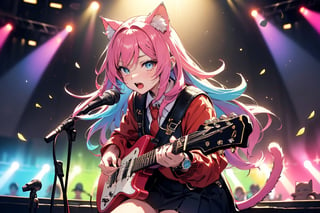 solo,closeup face,cat girl,cat tail,colorful aura,colorful pink hair,long hair,animal head,red tie,blue jacket,colorful short skirt,orange shirt,colorful sneakers,wearing a colorful  watch,singing in front of microphone,play electric guitar,animals background,fireflies,shining point,concert,colorful stage lighting,no people