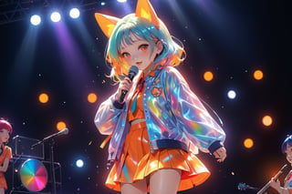 solo,closeup face,animal girl,colorful aura,colorful hair,animal head,red tie,colorful  jacket,colorful short skirt,orange shirt,colorful sneakers,wearing a colorful  watch,singing in front of microphone,play electric guitar,animals background,fireflies,shining point,concert,colorful stage lighting,no people