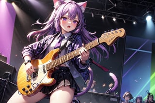 solo,closeup face,cat girl,cat tail,colorful aura,purple hair,double long  hair,colorful tie,colorful jacket,colorful short skirt,colorful shirt,colorful sneakers,wearing a colorful  watch,singing in front of microphone,play electric guitar,animals background,fireflies,shining point,concert,colorful stage lighting,no people