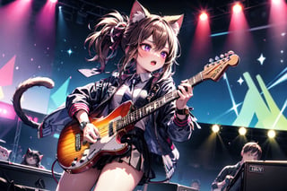 solo,closeup face,cat girl,cat tail,colorful aura,brown hair,long hair,colorful tie,colorful jacket,colorful short skirt,colorful shirt,colorful sneakers,wearing a colorful  watch,singing in front of microphone,play electric guitar,animals background,fireflies,shining point,concert,colorful stage lighting,no people
