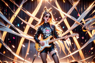 solo,zebra girl,closeup face,zebra head,play electric guitar,singing in front of microphone,
golden wings,hungry pose,zebra sunglasses,zebra  pantyhose,zebra  jacket,zebra shirt,zebra shorts,zebra  sneakers,zebra underwear,panda aura,5_figner,shining point,concert,colorful stage lighting,animals background,no people