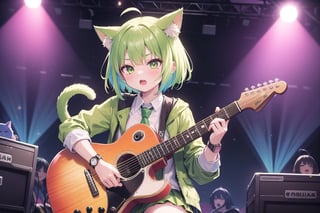 solo,closeup face,cat girl,cat tail,colorful aura,green hair,short hair,colorful tie,green jacket,colorful short skirt,colorful shirt,colorful sneakers,wearing a colorful watch,singing in front of microphone,play electric guitar,animals background,fireflies,shining point,concert,colorful stage lighting,no people