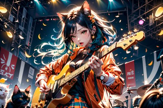 solo,closeup face,cat girl,colorful aura,blue hair,animal head,red tie,colorful  jacket,colorful short skirt,orange shirt,colorful sneakers,wearing a colorful  watch,singing in front of microphone,play electric guitar,animals background,fireflies,shining point,concert,colorful stage lighting,no people