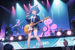 solo,closeup face,cat girl,cat tail,colorful aura,blue hair,short hair,colorful tie,blue  jacket,colorful short skirt,colorful shirt,colorful sneakers,wearing a colorful watch,singing in front of microphone,play electric guitar,animals background,fireflies,shining point,concert,colorful stage lighting,no people