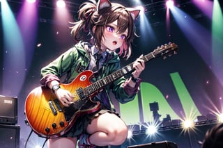 solo,closeup face,cat girl,cat tail,colorful aura,brown hair,long hair,colorful tie,green jacket,colorful short skirt,colorful shirt,colorful sneakers,wearing a colorful watch,singing in front of microphone,play electric guitar,animals background,fireflies,shining point,concert,colorful stage lighting,no people