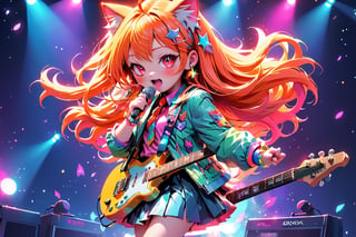 solo,closeup face,cat girl,colorful aura,colorful pink long hair,animal head,red tie,colorful jacket,colorful short skirt,orange shirt,colorful sneakers,wearing a colorful watch,singing in front of microphone,play electric guitar,animals background,fireflies,shining point,concert,colorful stage lighting,no people
