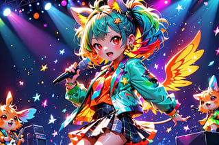 solo,closeup face,animal girl,colorful aura,colorful hair,animal head,red tie,colorful  jacket,colorful short skirt,orange shirt,colorful sneakers,wearing a colorful  watch,singing in front of microphone,play electric guitar,animals background,fireflies,shining point,concert,colorful stage lighting,no people