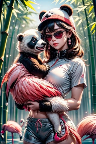 little boy,panda girl,biting bamboo leaves,catch a baby polar bear,flamingo wings,panda hair,hungry pose,wear flamingo  head,panda droopy ears,polar bear hat on top head,flamingo pearl on hat,flamingo sunglasses,flamingo pantyhose,polar bear  jacket,flamingo shirt,rooster shorts,flamingo sneakers,rooster underwear,panda aura,panda fire everywhere,flamingo  babys,5_figner,bamboo forest