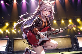 solo,closeup face,animal girl,colorful aura,colorful hair,long hair,animal head,red tie,colorful  jacket,colorful short skirt,orange shirt,colorful sneakers,wearing a colorful  watch,singing in front of microphone,play electric guitar,animals background,fireflies,shining point,concert,colorful stage lighting,no people