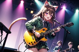 solo,closeup face,cat girl,cat tail,colorful aura,brown hair,long hair,colorful tie,green jacket,colorful short skirt,colorful shirt,colorful sneakers,wearing a colorful watch,singing in front of microphone,play electric guitar,animals background,fireflies,shining point,concert,colorful stage lighting,no people