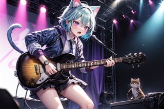 solo,closeup face,cat girl,cat tail,colorful aura,blue hair,short hair,colorful tie,colorful jacket,colorful short skirt,colorful shirt,colorful sneakers,wearing a colorful  watch,singing in front of microphone,play electric guitar,animals background,fireflies,shining point,concert,colorful stage lighting,no people