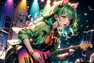 solo,closeup face,cat girl,colorful aura,green hair,pink head,red tie,colorful  jacket,colorful short skirt,orange shirt,colorful sneakers,wearing a colorful  watch,singing in front of microphone,play electric guitar,animals background,fireflies,shining point,concert,colorful stage lighting,no people