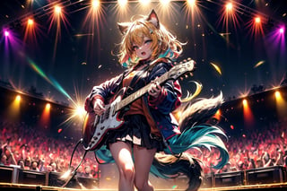 solo,closeup face,cat girl,cat tail,colorful aura,golden hair,animal head,red tie,blue jacket,colorful short skirt,orange shirt,colorful sneakers,wearing a colorful  watch,singing in front of microphone,play electric guitar,animals background,fireflies,shining point,concert,colorful stage lighting,no people