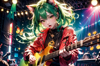 solo,closeup face,cat girl,colorful aura,green hair,pink head,red tie,colorful  jacket,colorful short skirt,orange shirt,colorful sneakers,wearing a colorful  watch,singing in front of microphone,play electric guitar,animals background,fireflies,shining point,concert,colorful stage lighting,no people