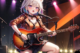 solo,closeup face,animal girl,colorful aura,colorful hair,animal head,red tie,colorful  jacket,colorful short skirt,orange shirt,colorful sneakers,wearing a colorful  watch,singing in front of microphone,play electric guitar,animals background,fireflies,shining point,concert,colorful stage lighting,no people