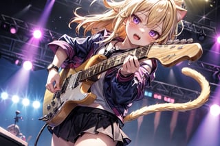 solo,closeup face,cat girl,cat tail,colorful aura,golden hair,long hair,double tail,colorful tie,colorful jacket,colorful short skirt,colorful shirt,colorful sneakers,wearing a colorful  watch,singing in front of microphone,play electric guitar,animals background,fireflies,shining point,concert,colorful stage lighting,no people