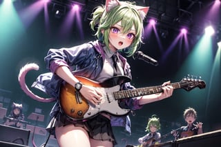 solo,closeup face,cat girl,cat tail,colorful aura,green hair,double hair tail,colorful tie,colorful jacket,colorful short skirt,colorful shirt,colorful sneakers,wearing a colorful  watch,singing in front of microphone,play electric guitar,animals background,fireflies,shining point,concert,colorful stage lighting,no people
