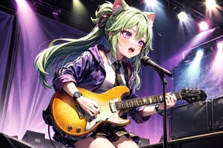 solo,closeup face,cat girl,cat tail,colorful aura,green hair,long hair,colorful tie,colorful jacket,colorful short skirt,colorful shirt,colorful sneakers,wearing a colorful  watch,singing in front of microphone,play electric guitar,animals background,fireflies,shining point,concert,colorful stage lighting,no people
