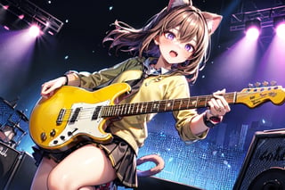 solo,closeup face,cat girl,cat tail,colorful aura,brown hair,long hair,colorful tie,yellow jacket,colorful short skirt,colorful shirt,colorful sneakers,wearing a colorful watch,singing in front of microphone,play electric guitar,animals background,fireflies,shining point,concert,colorful stage lighting,no people