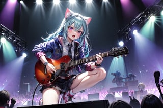 solo,closeup face,cat girl,cat tail,colorful aura,blue hair,long hair,colorful tie,colorful jacket,colorful short skirt,colorful shirt,colorful sneakers,wearing a colorful  watch,singing in front of microphone,play electric guitar,animals background,fireflies,shining point,concert,colorful stage lighting,no people